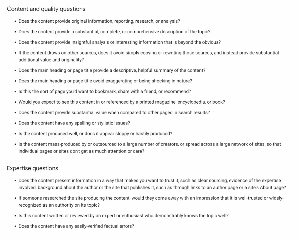 Content Quality Guidelines Provided by Google